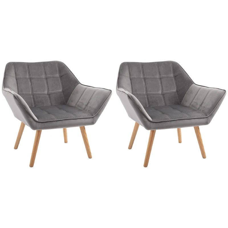 HOMCOM Accent Chair, Velvet Upholstered Vanity Tub Chair with Flared Armrests, Slanted Back, Solid Wood Legs, Comfy Padding Armchair, Home Bedroom Furniture Seating, Set of 2, Grey