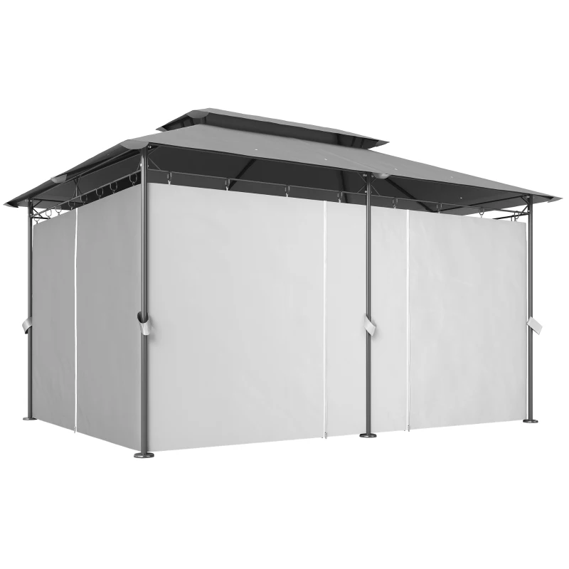 Outsunny Cenador de Jardín de 4x3 m con Doble Techo Paredes Laterales Resistente al Agua para Exterior Terraza Gris Oscuro
