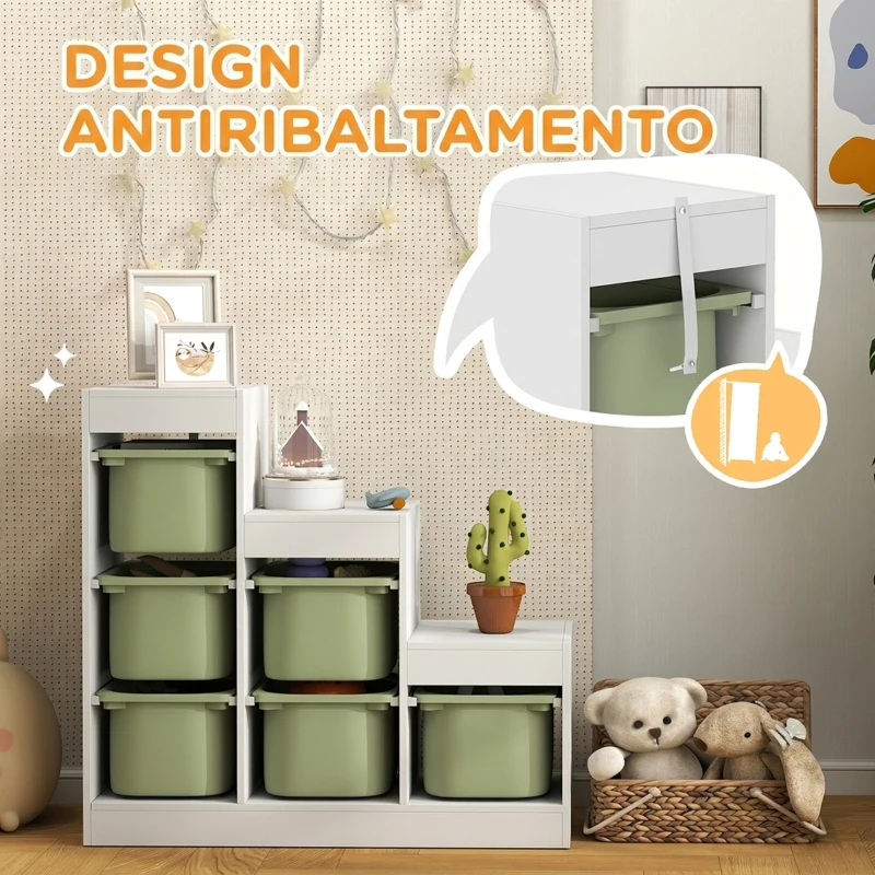 AIYAPLAY Scaffale Portagiochi a 3 Livelli con 6 Contenitori per Bambini da 3-8 Anni, 96x38.5x90cm, Verde