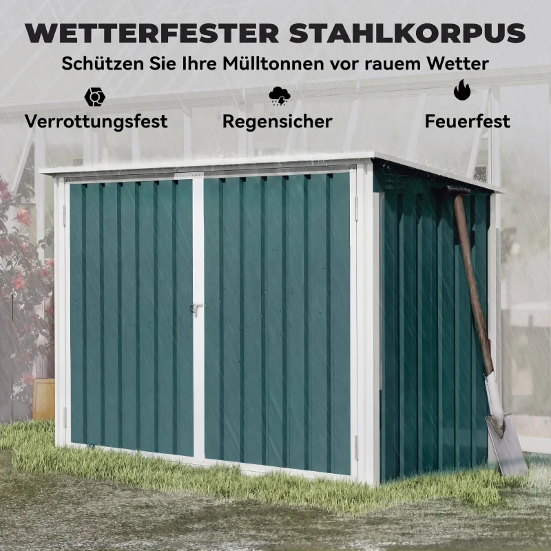 Outsunny Mülltonnenbox Müllbox abschließbar Gerätebox mit Doppeltür Deckel für 2 Mülltonnen Stahl 179,5 x 108 x 129,5/113 cm Grün
