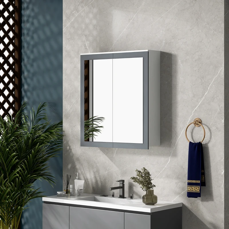 kleankin Armário de Casa de Banho com Espelho 2 Portas e Prateleiras Ajustáveis 69x17x75,5 cm Branco e Cinza