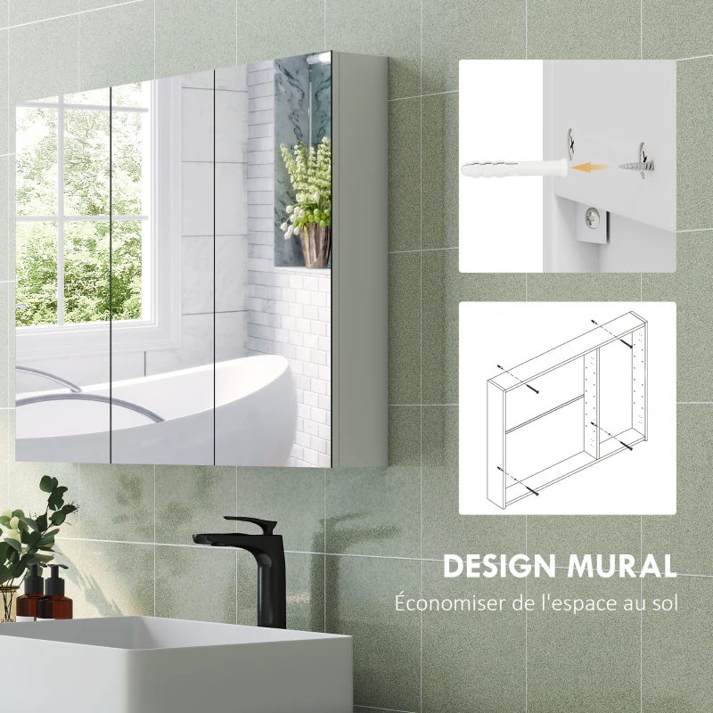 HOMCOM Armoire murale salle de bain avec miroir, armoire de toilette 3 portes miroir, étagères réglables, 91,5x11,5x65cm, blanc