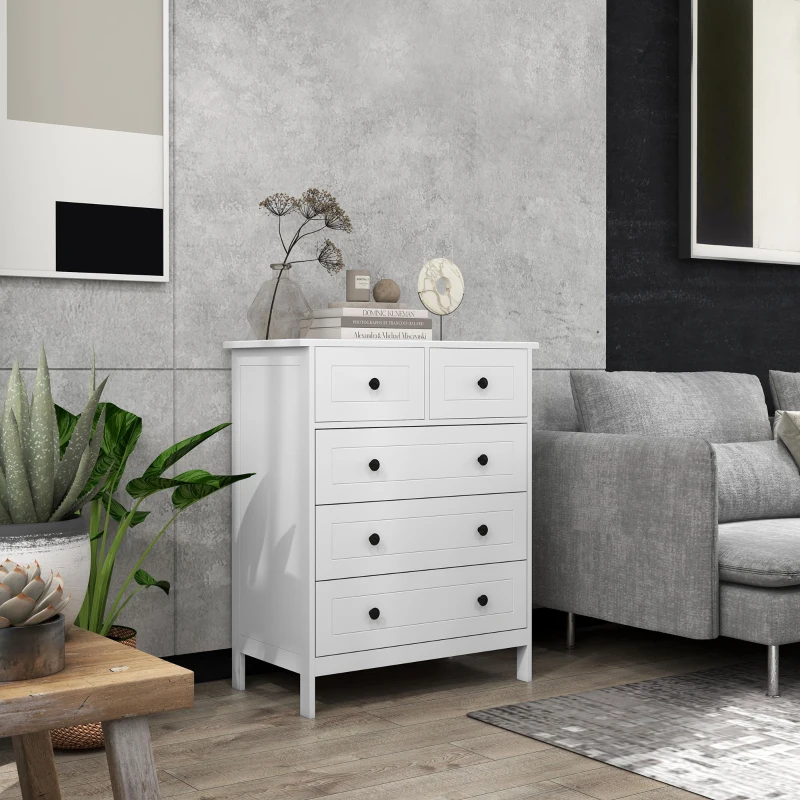 HOMCOM Commode meuble de rangement 5 tiroirs pour chambre, bureau, entrée, blanc et poignée métal noir(m-2)