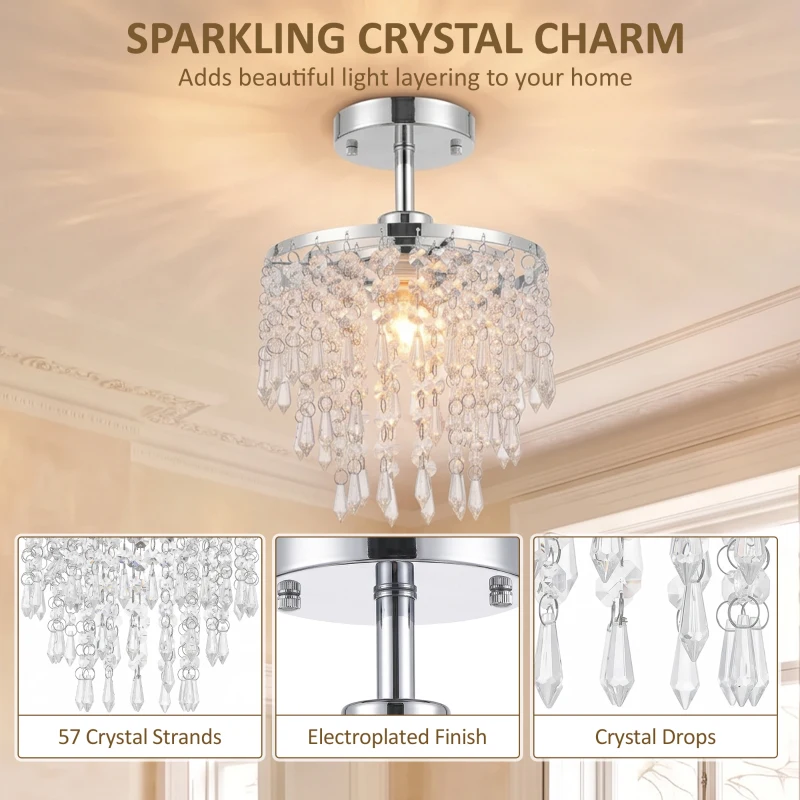 HOMCOM Crystal Ceiling Light with 57 Crystal Strands, Ceiling Light with Mounting Plate for Hallway, Silver Tone