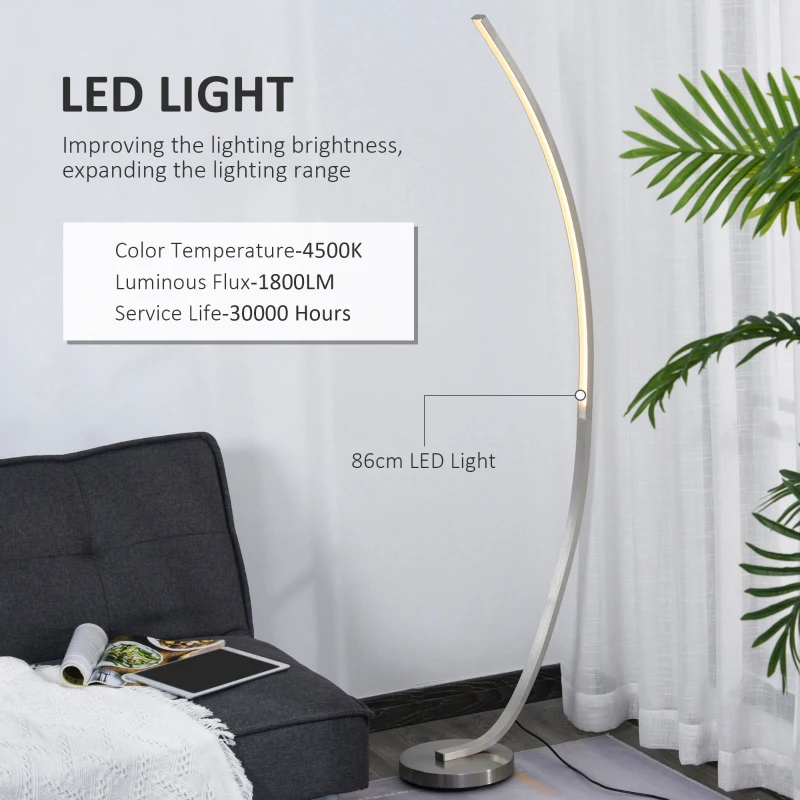 HOMCOM Aluminium Arc Floor Lamp, Futuristic Indoor Standing LED Light Home Ambience w/ Round Base Foot Switch, Living Room Bedroom Office Lounge, Silver Tone