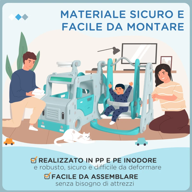 AIYAPLAY Set Scivolo per Bambini 18-48 Mesi con Altalena, Macchinina e Canestro, 201x151x87.5cm, Azzurro