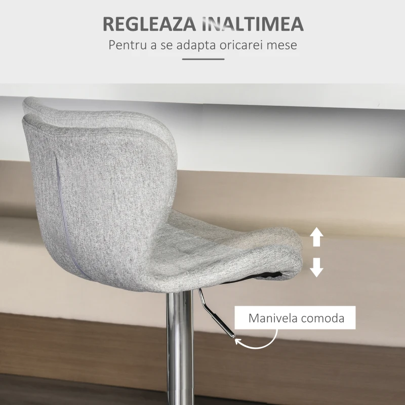 HOMCOM Set 2 scaune de bar rotative cu înălțime reglabilă, suport pentru picioare și spătar din material textil, gri(m-5)