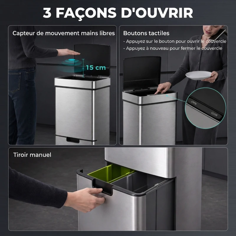 HOMCOM Poubelle à capteur de mouvement ouverture automatique 3 compartiments capacité 72L design 42 x 30 x 81 cm