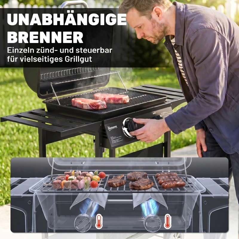Outsunny Gasgrill 5 KW 2 Brenner BBQ Grillwagen Edelstahl inkl Seitentisch Unterkorb Frontabdeckung Thermometer Emaille-Grillrost