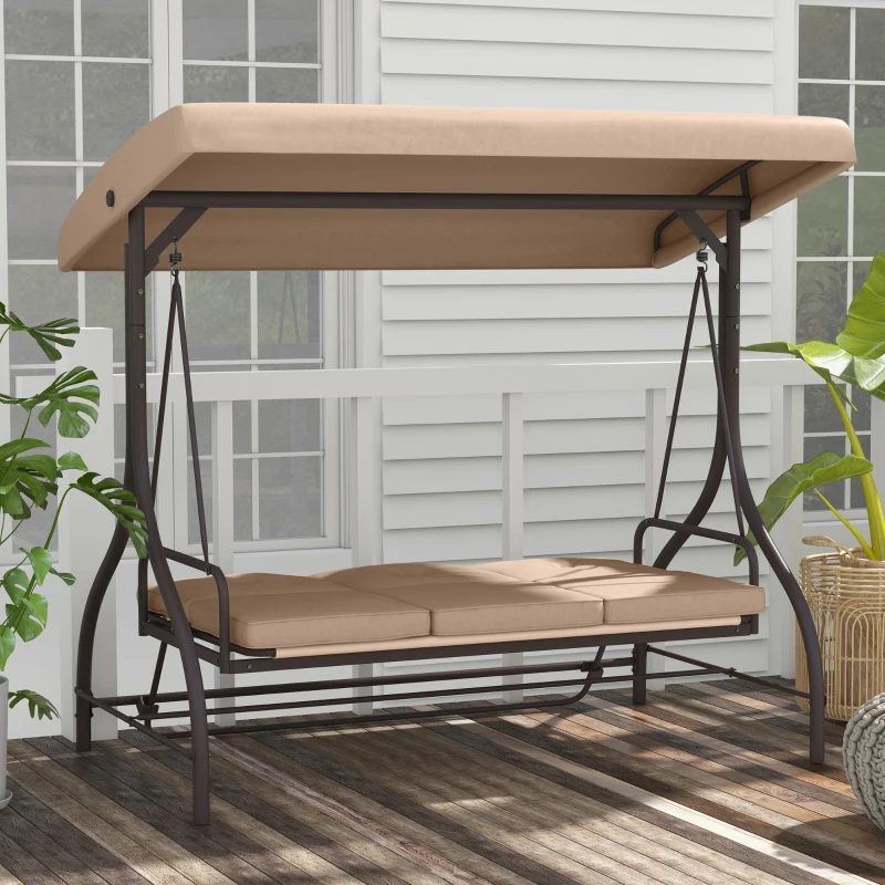 Outsunny Balancelle de jardin convertible 3 places grand confort avec coussins toit réglable métal polyester kaki