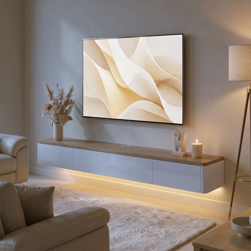HOMCOM Comodă Tv Suspendată Până la 65", cu 2 Sertare, Dulap, Iluminare Led Rgb și Priză Integrată, Alb și Aspect Lemn