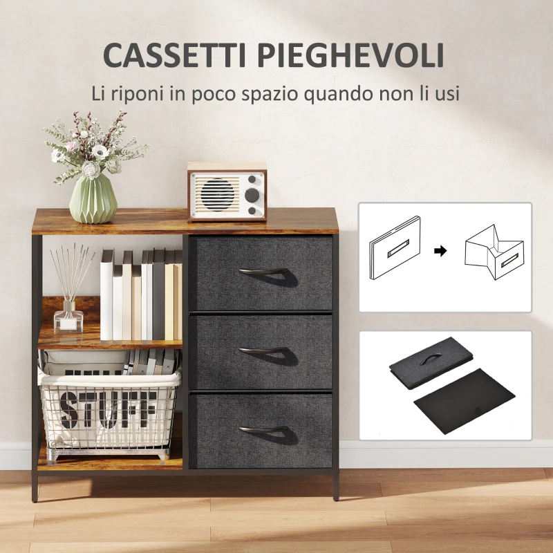 HOMCOM Mobile Cassettiera Multiuso con 3 Cassetti Pieghevoli in Tessuto, Arredamento Soggiorno e Camera, 80x29x71cm, Grigio Scuro