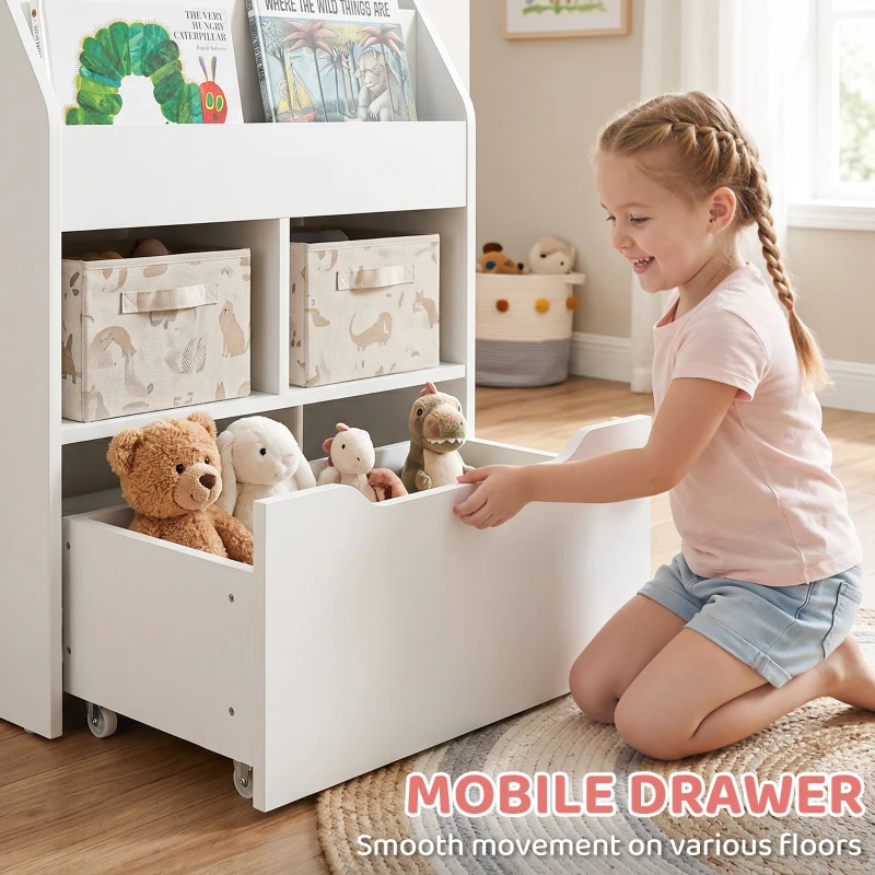 HOMCOM Kids Bookshelf, Toy Organiser, with Storage Drawer, Wheels - White