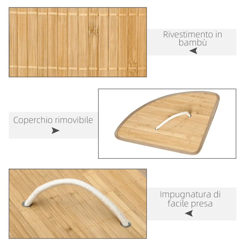 HOMCOM Cesto Portabiancheria con Coperchio Triangolare in Bambù e Tessuto, 38x38x57cm, Colore Legno