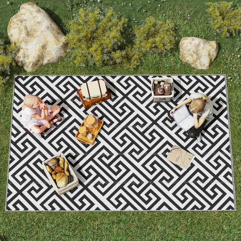 Outsunny Alfombra de Exterior Reversible 182x274 cm con Patrón Geométrico Acabado Impermeable Blanco y Negro