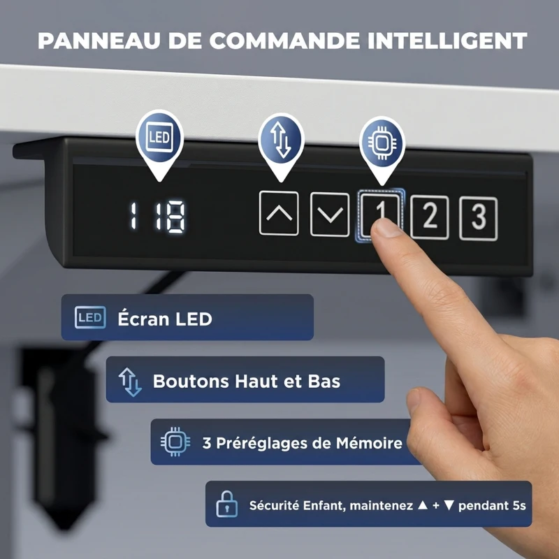 HOMCOM Bureau Assis Debout Électrique 120 x 60 cm, Mémoire 3 Hauteurs, Sécurité Enfant et Anti-Collision, pour Travail, Blanc