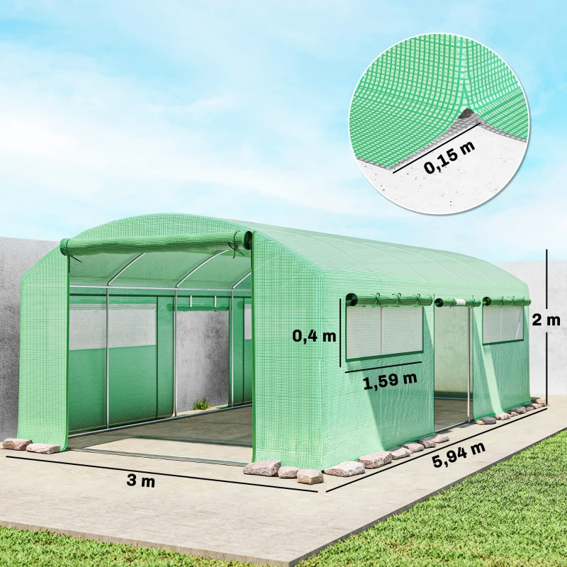 Outsunny Invernadero de Túnel 6x3x2 m con 3 Puertas Enrollables 6 Ventanas de Malla y Estructura de Acero Galvanizado Verde