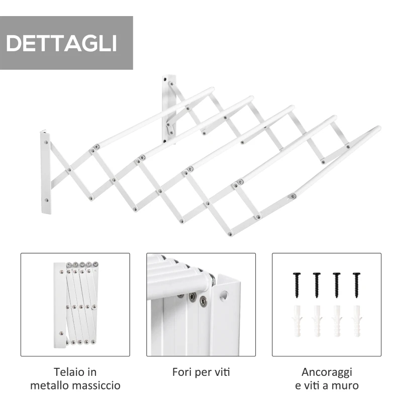 HOMCOM Stendibiancheria a Parete Retrattile per Interni ed Esterni, 63.5x60x20 cm, Bianco