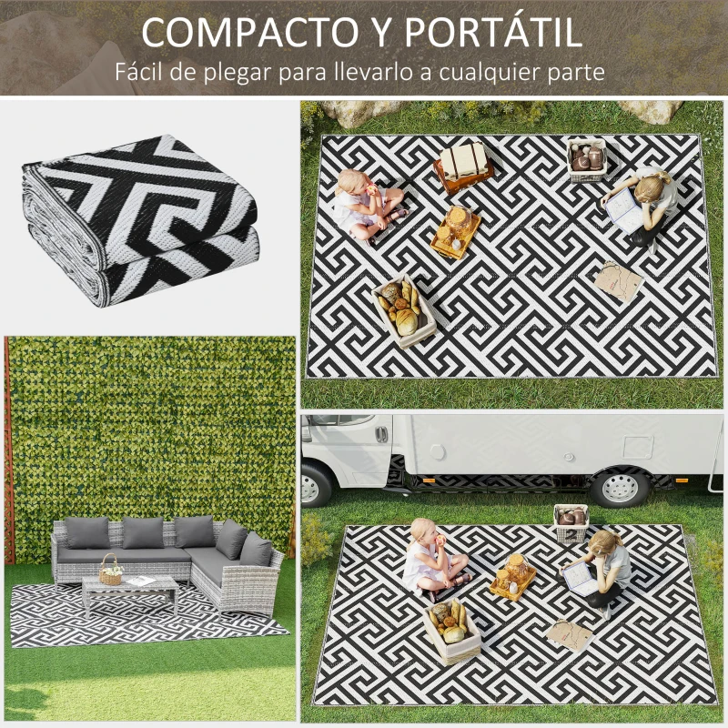 Outsunny Alfombra de Exterior Reversible 182x274 cm con Patrón Geométrico Acabado Impermeable Blanco y Negro
