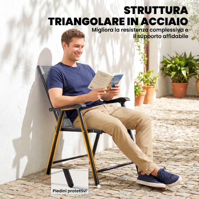 Outsunny Set di 2 Sedie Pieghevoli con Schienale Alto E Braccioli, Grigio Chiaro