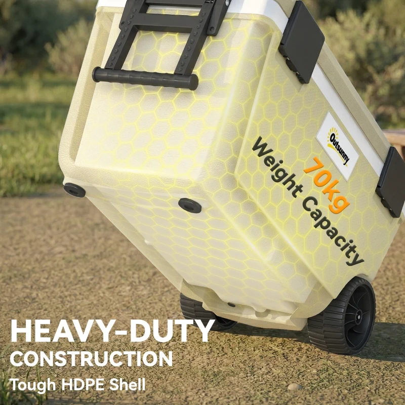 Outsunny 70L Insulated Cool Box with Wheels, Portable Ice Cooler with Handle, Lid and Drain Valve, Khaki