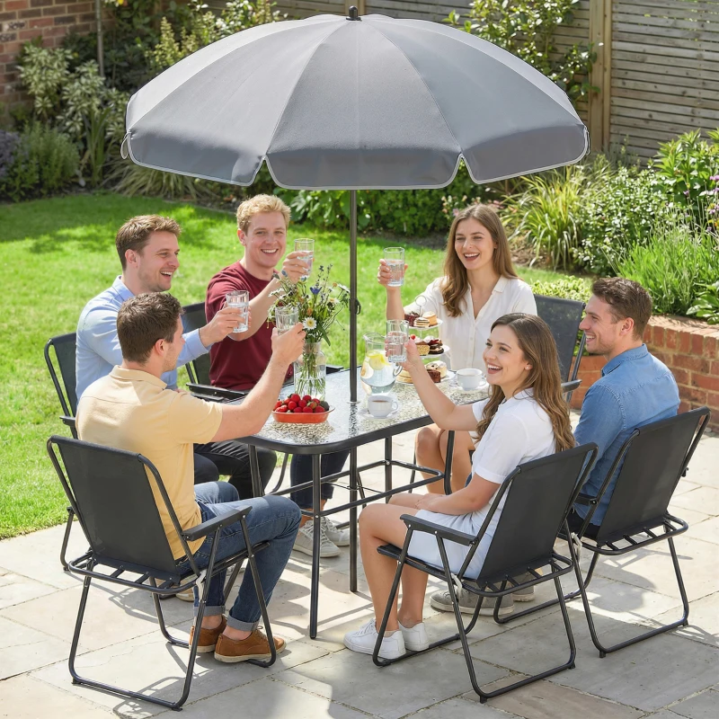 Outsunny Set Grădină 8 piese cu Umbrelă, 6 Scaune Pliabile și Masă din Sticlă Temperată, Negru