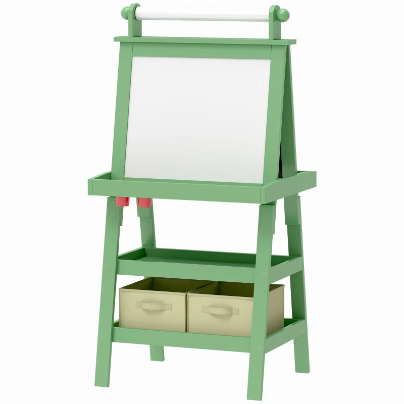 AIYAPLAY Lavagna per Bambini con Cavalletto 3 in 1, Rotolo di Carta e 2 Contenitori, in Legno, 59x48x118 cm, Verde