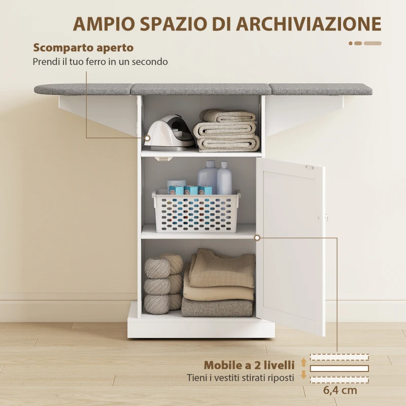 HOMCOM Mobile Asse da Stiro Pieghevole a Rotelle con Ripiano Aperto e Armadietto, 121x37x89 cm, Bianco e Grigio