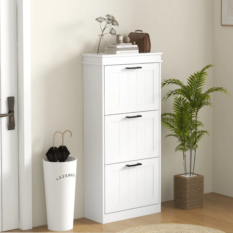 HOMCOM Scarpiera Moderna con 3 Cassetti Ribaltabili per 15 Paia di Scarpe e Ripiano Regolabile, 54x24x117.5cm, Bianco