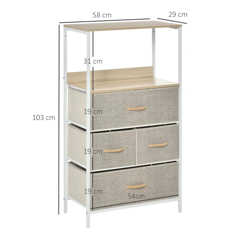 HOMCOM Commode chambre meuble de rangement commode 4 tiroirs en tissu pliables et amovibles avec étagères ouvertes et cadre en métal, chiffonnier pour salon, chambre, entrée, gris clair