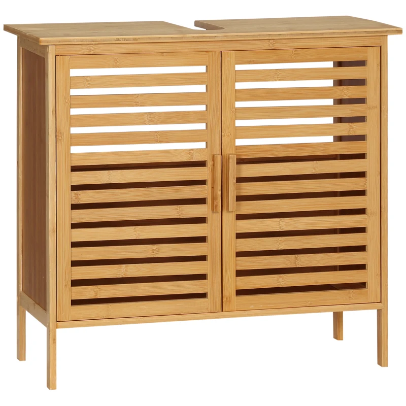 kleankin Mueble para Debajo del Lavabo de Bambú Armario de Baño de Suelo con 2 Puertas 66x29x61,5 cm Natural