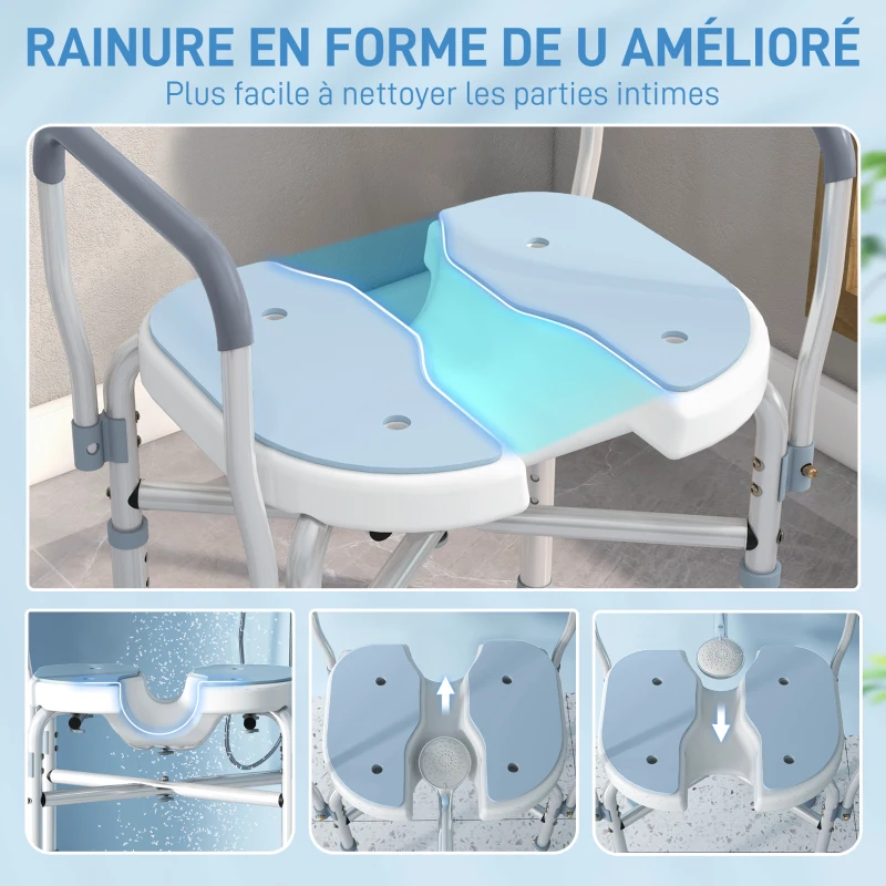 HOMCOM Chaise de douche avec accoudoirs siège de douche en forme U hauteur réglable anti-dérapant 53 x 36 x 64-75 cm bleu clair