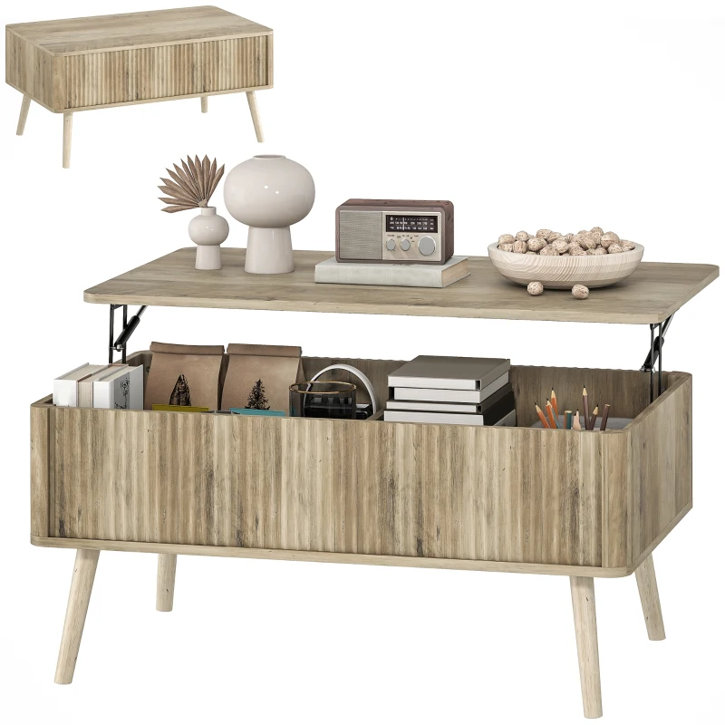 HOMCOM Mesa de Centro Elevable con Compartimentos Ocultos de Almacenaje y Patas de Pino para Salón Comedor 91x56x43 cm Roble