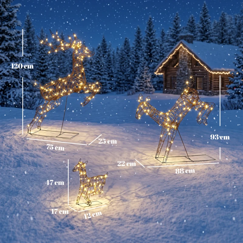 Outsunny Set 3 renos navideños luminosos para exterior 120 cm, 200 LED blanco cálido, 8 modos de iluminación, temporizador, marrón