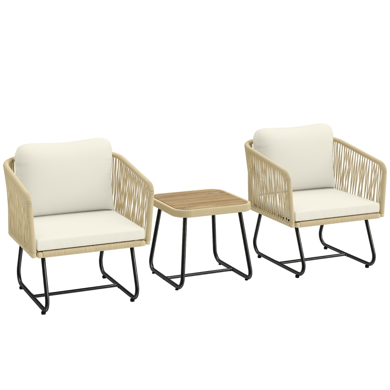 Outsunny Rattan Bistroset 3 teiliges FSC Gartenmöbel-Set mit 2 Sessel, Lamell-Holztisch, dicke waschbare Kissen Stahlrahmen