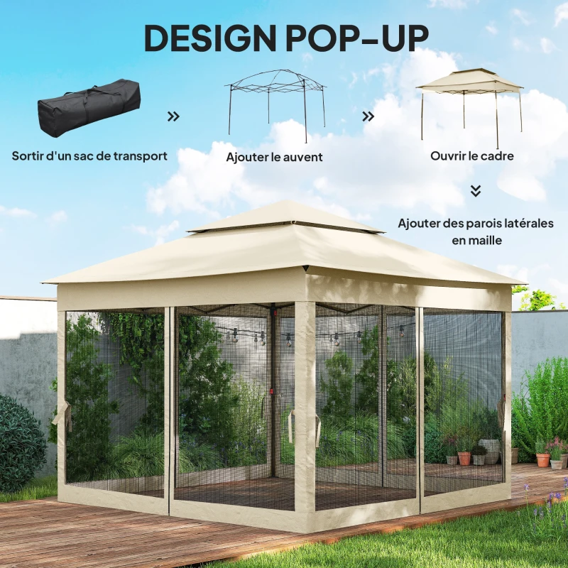 Outsunny Tonnelle de jardin pop-up pliant 3 x 3 m métal polyester imperméabilisé anti UV moustiquaires sac de transport crème