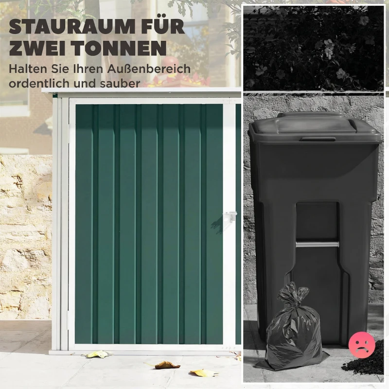 Outsunny Mülltonnenbox Müllbox abschließbar Gerätebox mit Doppeltür Deckel für 2 Mülltonnen Stahl 179,5 x 108 x 129,5/113 cm Grün