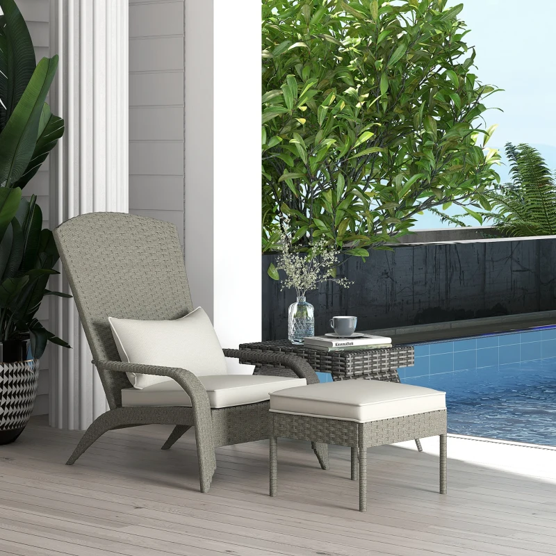 Outsunny Sedia da Giardino con Poggiapiedi e Cuscini Imbottiti, in Rattan e Acciaio, 64x82x89 cm, Grigio e Crema