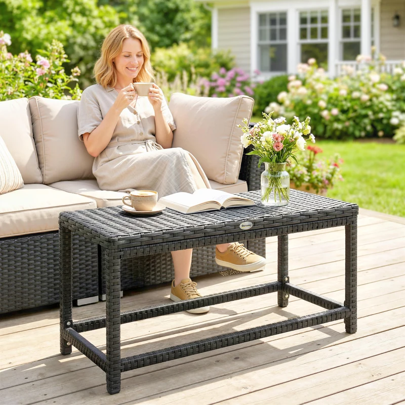 Outsunny Outdoor Coffee Table Side Table with Rectangular Shape Frame for Patio, Balcony, Black