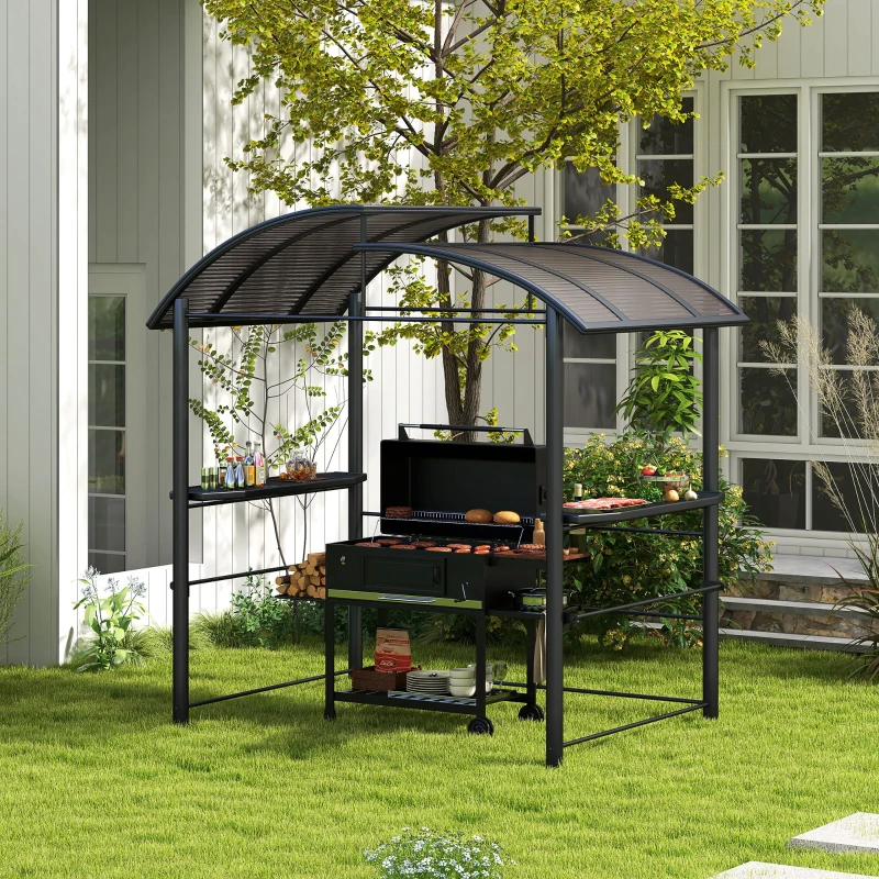 Outsunny Gazebo per Barbecue con Tetto e 2 Ripiani Portaoggetti, in Metallo e PC, 240x150x230cm, Grigio Scuro