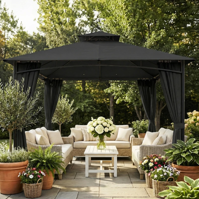 Outsunny Tonnelle de Jardin Extérieur Cadre de Toit Rétractable et Double Toit UV50+Imperméable 3x3m Gris Anthracite