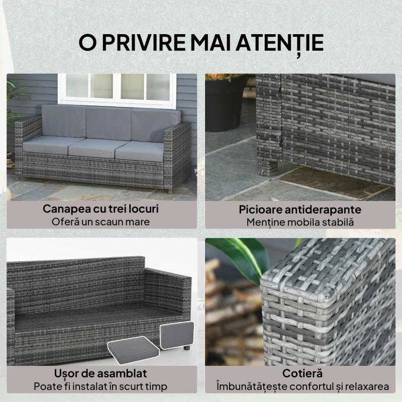 Outsunny Canapea pentru Exterior cu 3 Locuri din Ratan PE, Canapea cu Perne Tapițate și Huse Detasabile, Cadru Metalic pentru Grădină, Terasă și Balcon, 185x70x80 cm, Gri