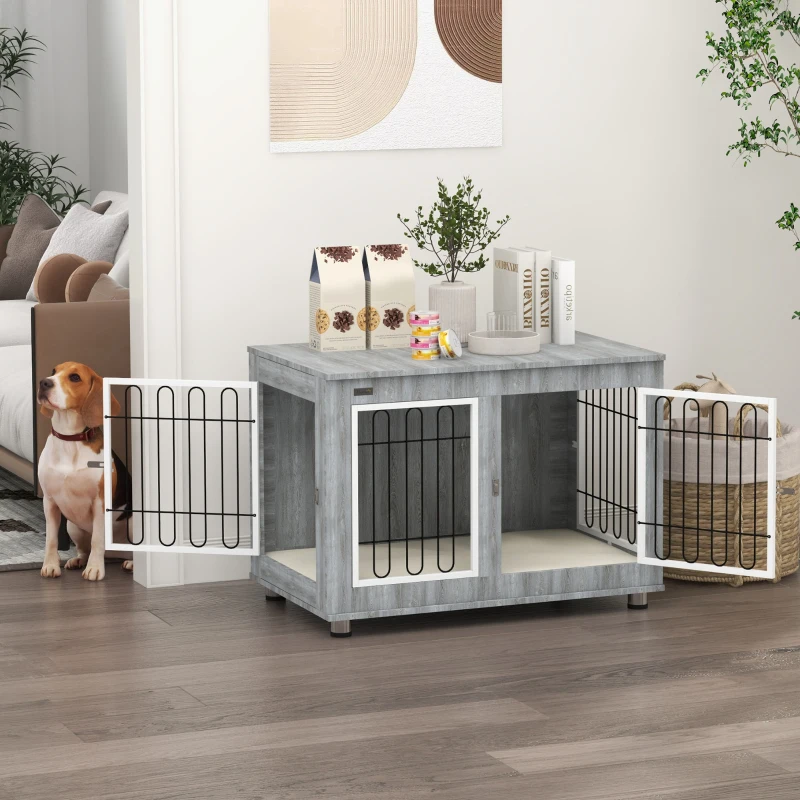 PawHut Hundekäfig Hundebox waschbares Polster, 2 Verriegelungen, 90 cm x 58 cm x 65 cm, Grau