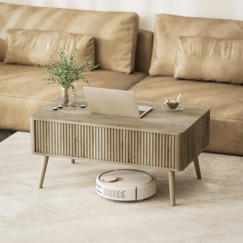 HOMCOM Mesa de Centro Elevable con Compartimentos Ocultos de Almacenaje y Patas de Pino para Salón Comedor 91x56x43 cm Roble