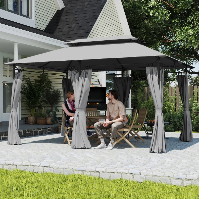 Outsunny Cenador de Jardín de 4x3 m con Doble Techo Paredes Laterales Resistente al Agua para Exterior Terraza Gris Oscuro