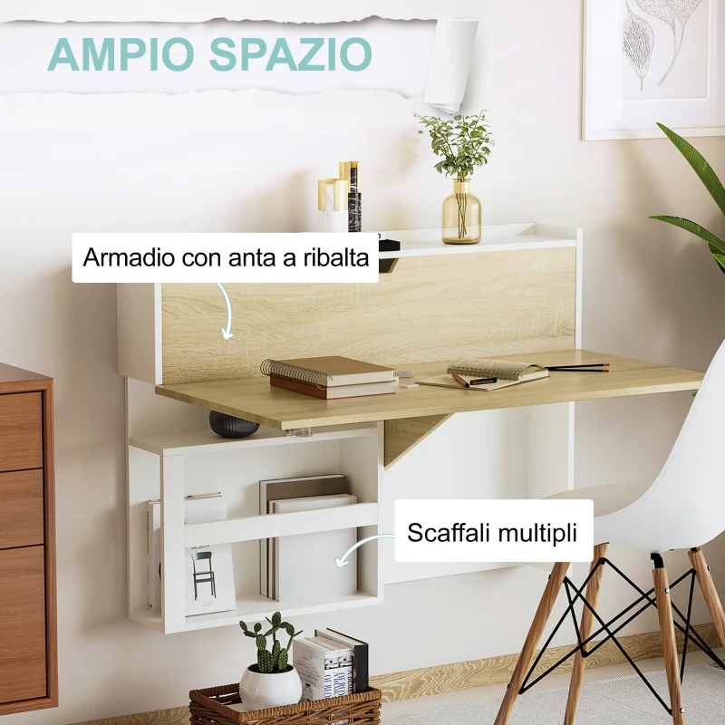 HOMCOM Scrivania a Muro Pieghevole e Salvaspazio con Ripiani, per Casa e Ufficio, in Truciolato, 100x18x74 cm