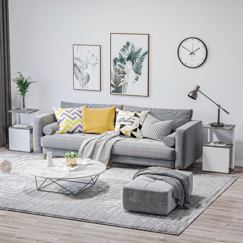 HOMCOM Set 2 Comodini Moderni dal Design Irregolare con Ripiano Aperto in Truciolato, 35x29.5x60 cm, Grigio e Bianco