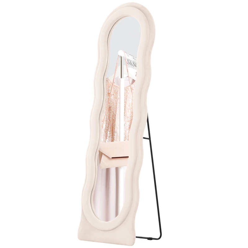 HOMCOM Espejo de Cuerpo Entero 160x50 cm Diseño Ondulado Marco con Tela de Terciopelo para Salón Dormitorio Crema