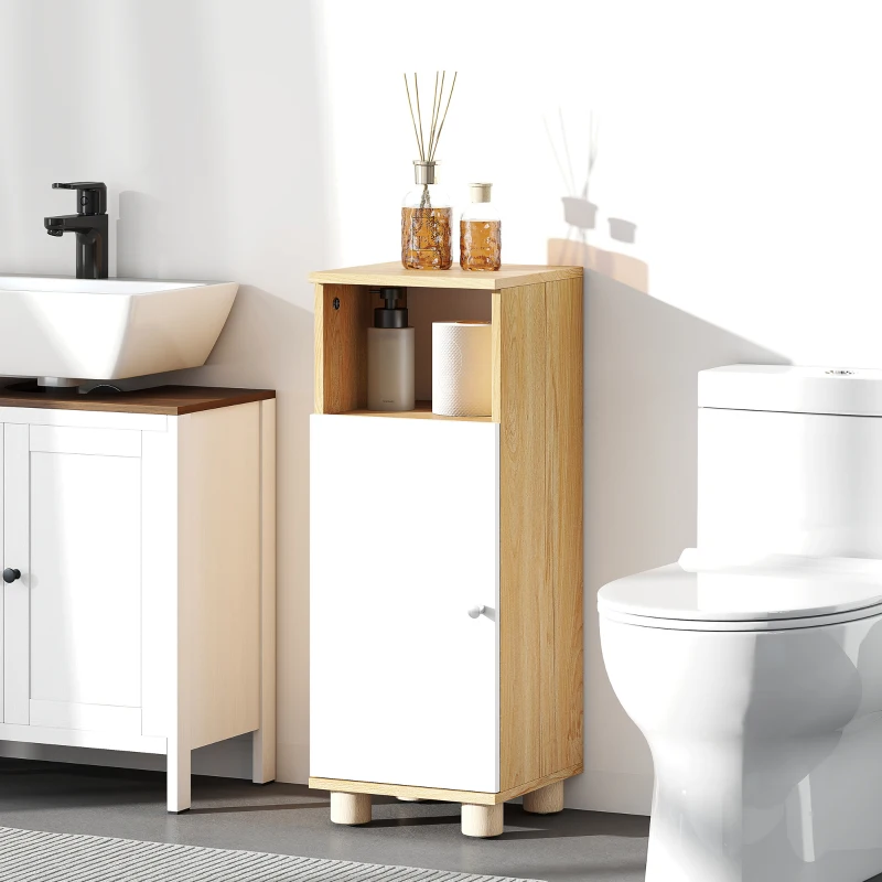 HOMCOM Mobiletto Bagno Salvaspazio con Armadietto a 2 Ripiani e Vano Aperto, 30x30x79.7 cm, Bianco e Legno