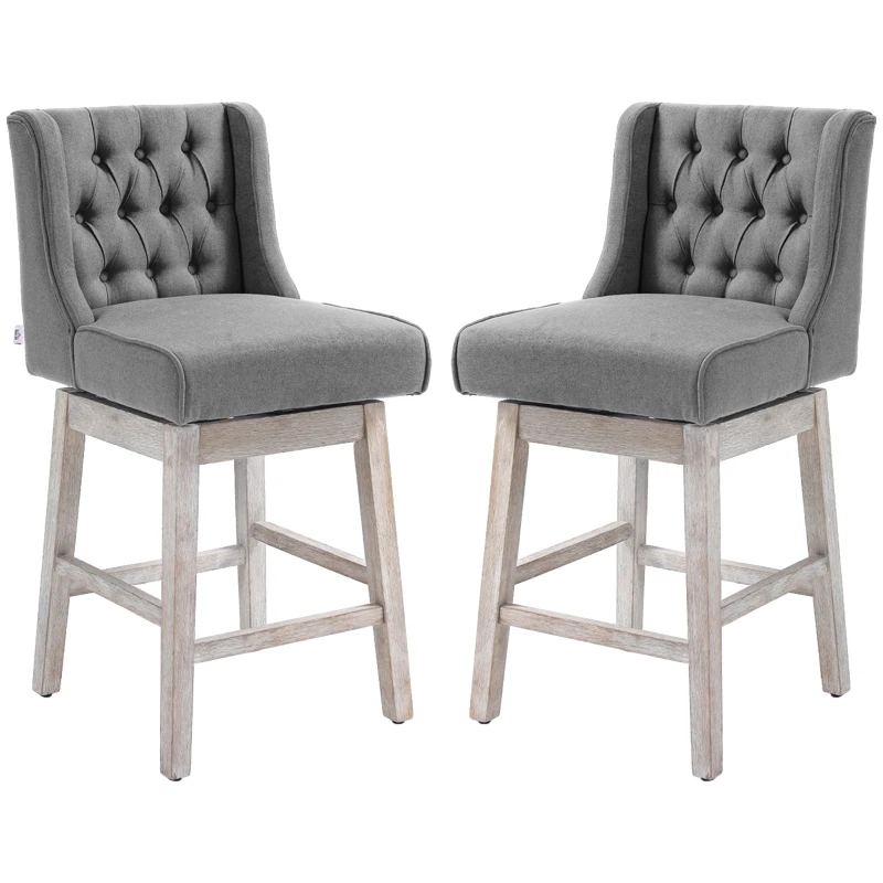 HOMCOM Juego de 2 Taburetes de Bar con Respaldo Taburetes Altos de Cocina Giratorios 180° Patas de Madera 46x57x101 cm Gris